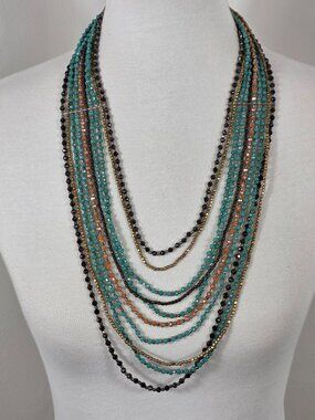 Nakamol Multi-Strand Layered Bib Necklace Multi-Faceted Turquoise & Gold Beads